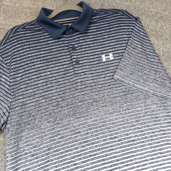 Under Armour Mens Large Blue Striped Playoff Polo Shirt Golf Athletic Loose Fit - Picture 1 of 8